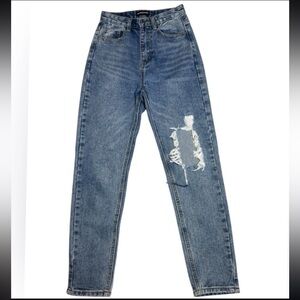 Momokrom Women’s UK 6 (US 2) Distressed High Rise Straight Leg Jeans Medium Wash